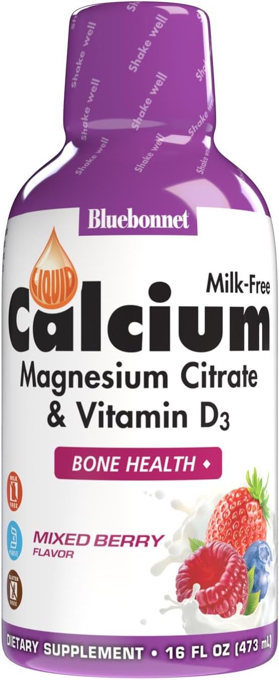 Bluebonnet Nutrition Liquid Calcium Citrate, Magnesium, Vitamin D3, Bone Health, Gluten Free, Soy Free, Milk Free, Kosher, 16 Fl Oz, 32 Servings, Mixed Berry Flavor