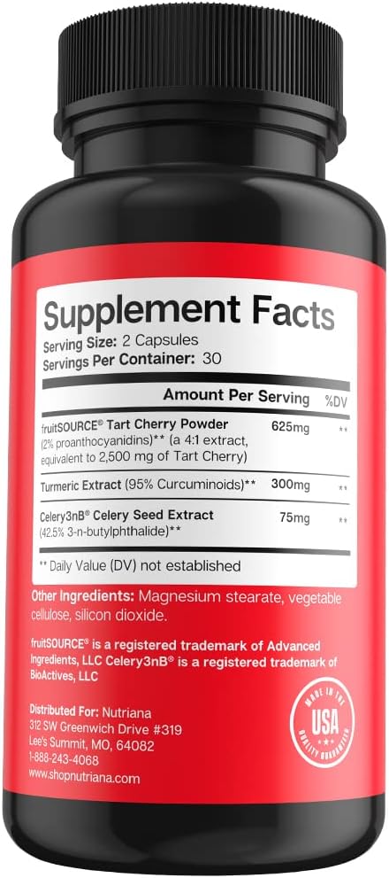 Nutriana Tart Cherry Capsules Uric Acid Cleanse Support Joint Comfort and Muscle Recovery - Extract Tart Cherry Capsules with Turmeric 2500mg for Women & Men Health - Tart Cherry Concentrated 60 Count : Health & Household