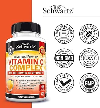 Vitamin C Complex Supplement - Vitamin C 1000mg Capsules with Rose Hips Zinc and Citrus Bioflavonoids (60 Day Supply) - Supports Immune Health, Cellular Energy, Collagen Production, 120 Count : Health & Household