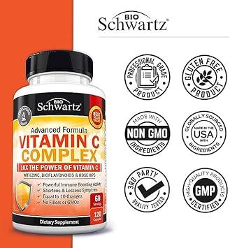 Vitamin C Complex Supplement - Vitamin C 1000mg Capsules with Rose HIPS Zinc and Citrus Bioflavonoids (60 Day Supply) - Supports Immune Health, Cellular Energy, Collagen Production, 120 Count : Health & Household