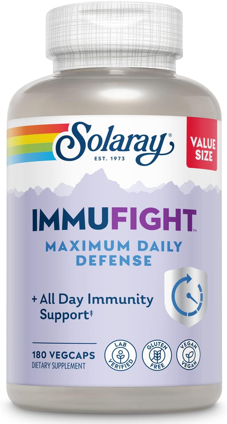 Solaray Immufight Maximum Daily Defense, All Day Immune Support, Vitamin C, Vitamin D, Zinc, Probiotics, Monolaurin, Acerola & More, Vegan & Gluten Free, 60 Day Guarantee (180 Ct, 60 Serv)