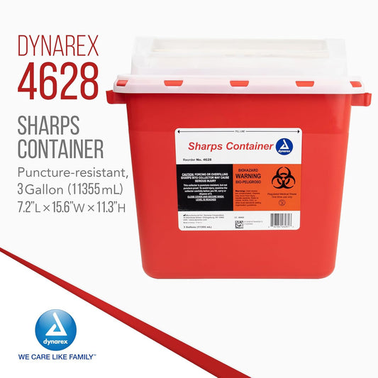 Dynarex 4628 Sharp Container, Provides A Safe Disposal Of Medical Waste And Needles, Non-Sterile & Latex-Free, 3 Gallons, Made With Thermoplastic, Red, Pack Of 12