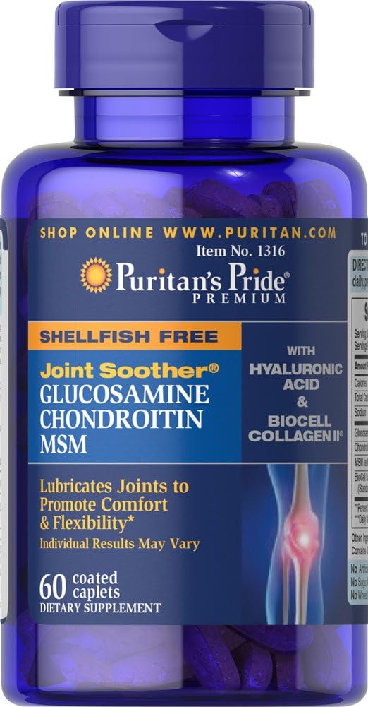 Puritan's Pride Joint Soother Glucosamine, Chondroitin & MSM with Hyaluronic Acid & Collagen, 60 Count, White