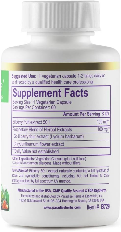 Paradise Herbs Bilberry With Goji & Chrysanthemum Supplements, Super Potent, Ultra Pure, Non Gmo, Gluten Free, Vegan, 60 Vegetarian Capsules