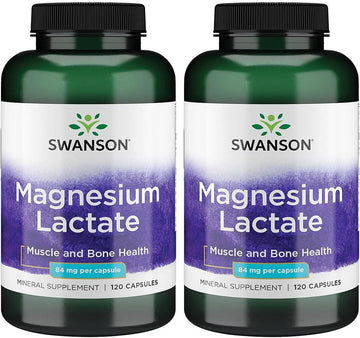 Swanson Magnesium Lactate - Mineral Supplement Promoting Muscle And Bone Health Support - Lactose-Free Lactate Mineral Form For Gentle Absorption - (120 Capsules, 84Mg Each) 2 Pack