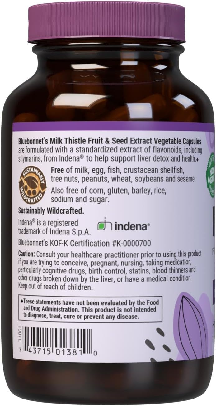 Bluebonnet Nutrition Milk Thistle Fruit & Seed Extract, Liver Health*, Non-Gmo, Vegan, Kosher Certified, Gluten-Free, Soy-Free, 120 Vegetable Capsules, 120 Servings