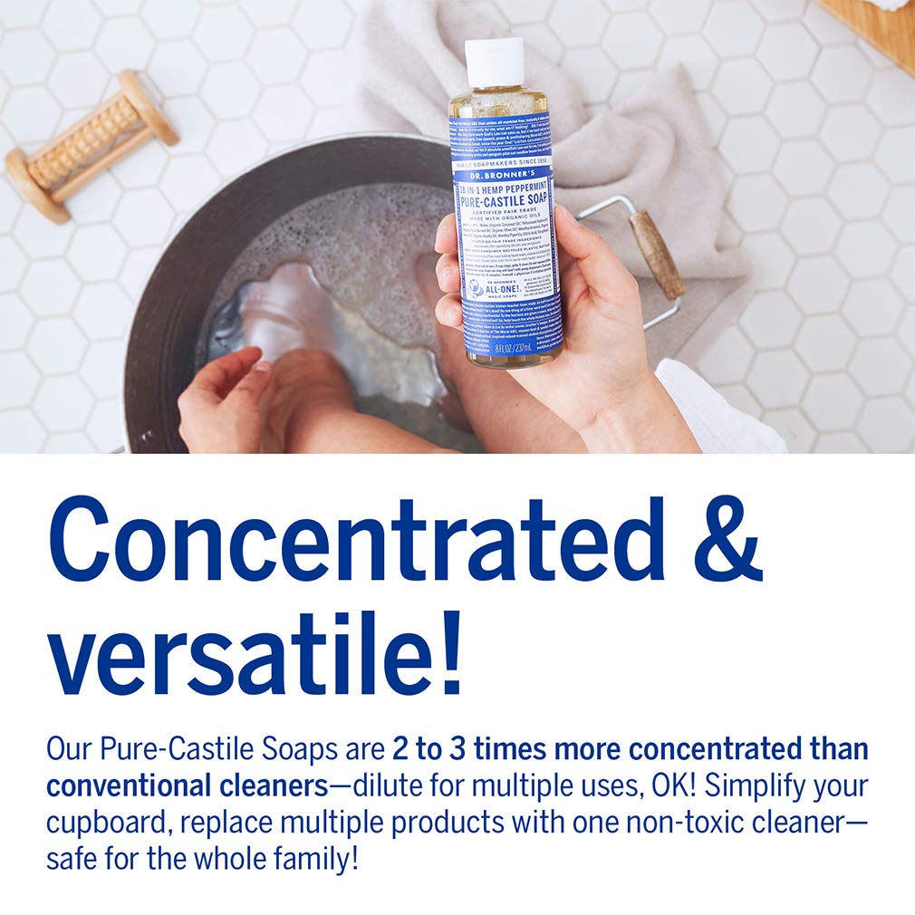 Dr. Bronner's - Pure-Castile Liquid Soap (Peppermint, 4 ounce) - Made with Organic Oils, 18-in-1 Uses: Face, Body, Hair, Laundry, Pets and Dishes, Concentrated, Vegan, Non-GMO : Camping Soaps And Shampoos : Beauty & Personal Care