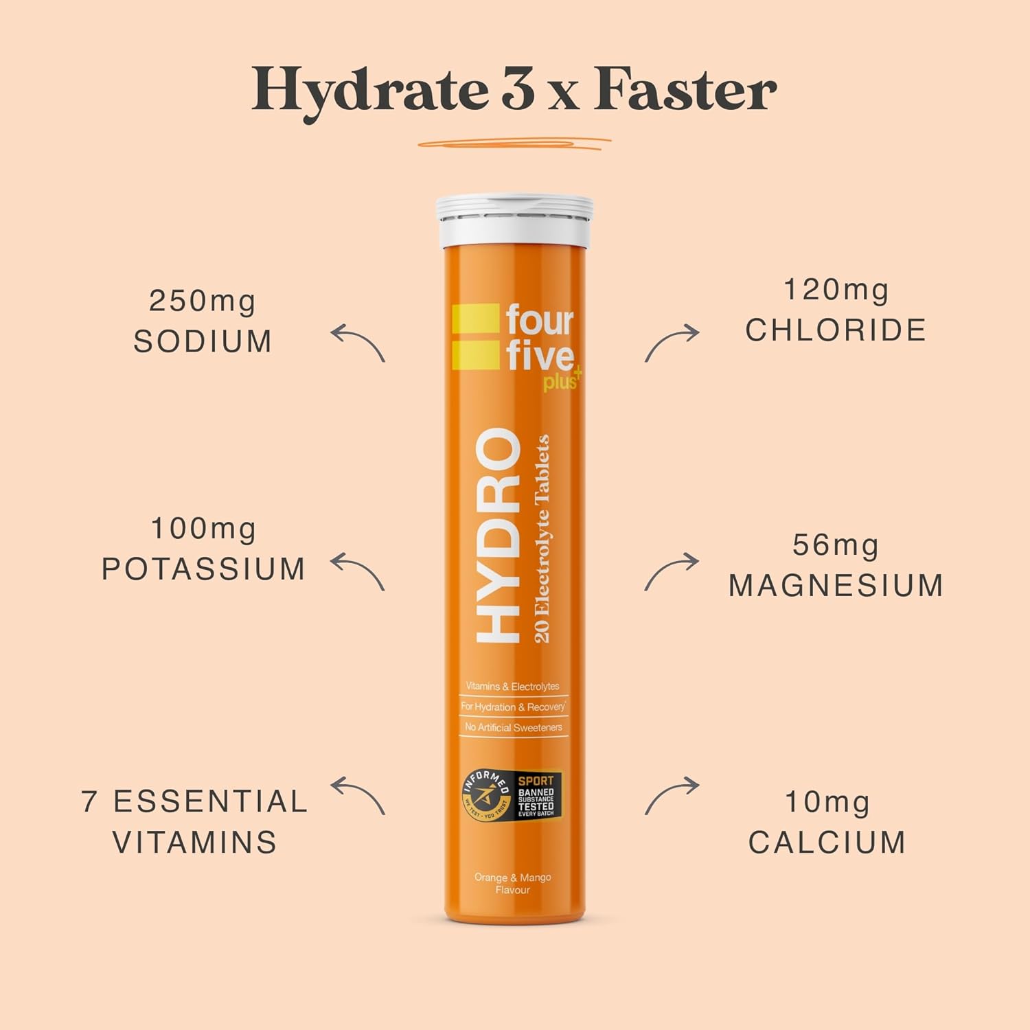 fourfive Hydration Tablets (Orange & Mango) Low Calorie Vitamin Electrolytes, Vegan, Magnesium & Calcium, Sports Hydration - 8x20 Effervescent : Amazon.co.uk: Health & Personal Care