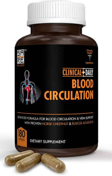 Clinical Daily Blood Circulation Supplements. Butchers Broom, Horse Chestnut, Hawthorn, Cayenne, Arginine, Diosmin Varicose Veins Treatment For Legs. Poor Circulation And Vein Support. 180 Capsules