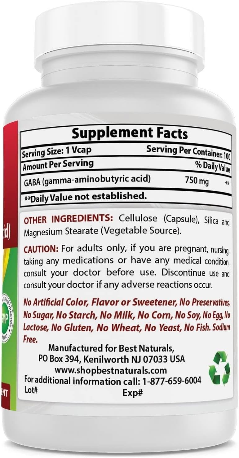 Best Naturals Gaba Supplement 750Mg 180 Veggie Capsules, Naturals Sleep Aid : Health & Household