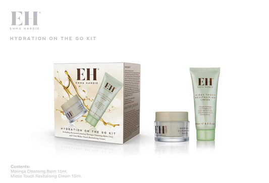 Emma Hardie Hydration On The Go Kit, Gift Set Includes: 15Ml Moringa Cleansing Balm & 15Ml Midas Touch Revitalising Cream With Hyaluronic Acid, Improves Firmness & Elasticity, Natural & Cruelty Free