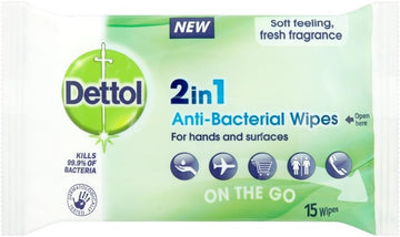 Dettol 2-In-1 Antibacterial Wipes, 15 Wipes