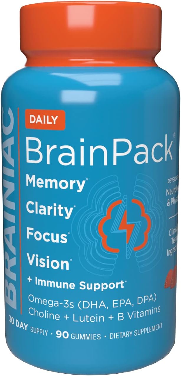 Brainiac Daily BrainPack Gummies, Supports Brain Health with Omega 3 DHA EPA DPA, Choline, B6 & B12 and Lutein for Eye Health with Immune Support, Citrus Berry Flavor, 90 ct