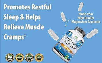 Magnesium Glycinate 550 MG Maximum Bioavailability Chelate No Laxative Effect Vegan Helps Function of Muscles, Bones, Heart Non-GMO : Health & Household