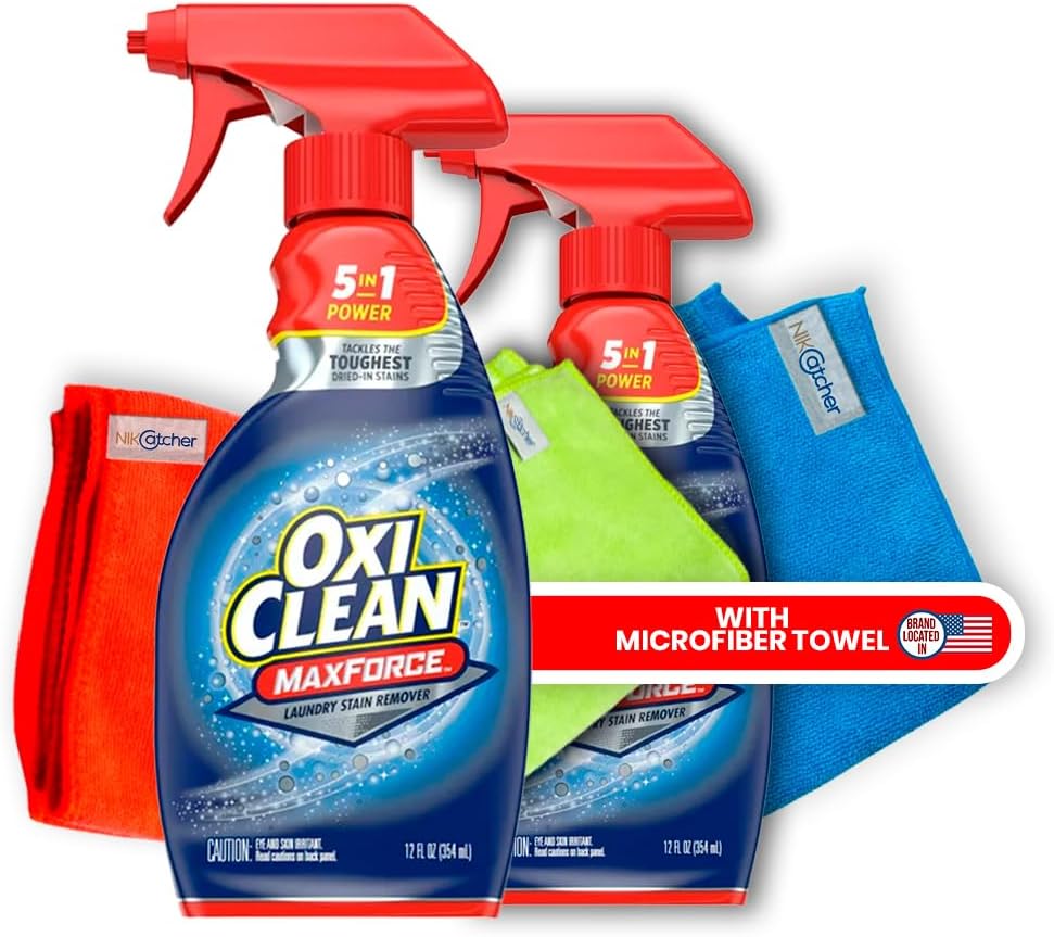 2 Oxi, Clean Max Force, Laundry Stain Remover Spray 12 Ounce, Bundled with 3-Pack NikCatcher 16x16 400 GSM Microfiber Cleaning Cloth Towel Rags