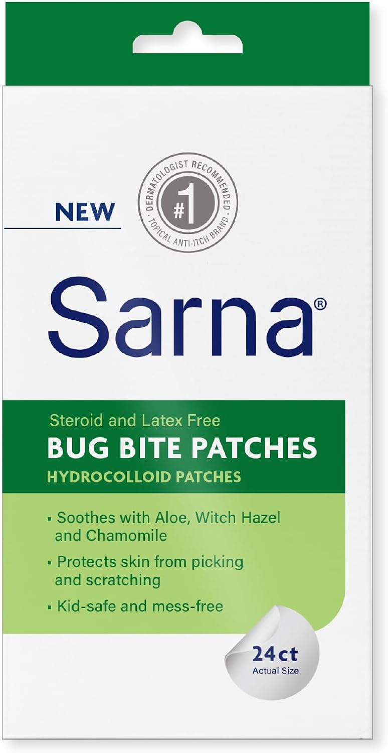 Sarna Bug Bite Patches - Peel & Stick Hydrocolloid Patches With Aloe, Witch Hazel & Chamomile - Kid-Safe, Vegan, Steroid-Free, Latex-Free, Single-Use Patches, Tsa- Friendly, 24Ct 2