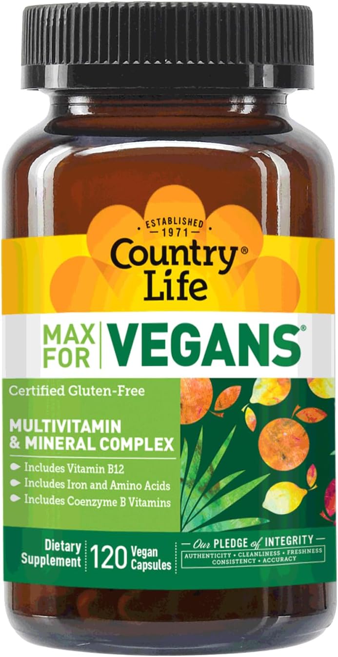 Country Life Max For Vegans - 120 Vegan Capsules - Daily Multivitamins For Men - Immune Support Supplement - Contains Vitamin B12, Iron, Amino Acids, Coenzyme B Vitamins - Gluten-Free