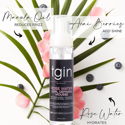 tgin Rose Water Defining Mousse for Natural hair - Curls - Waves - Low Porosity Hair - Fine hair 8oz