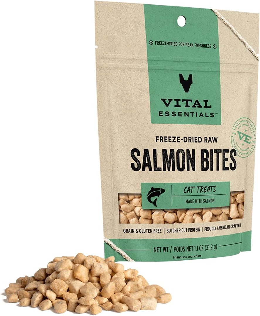 Vital Essentials Freeze Dried Raw Cat Treats, Salmon Bites, 1.1 Oz