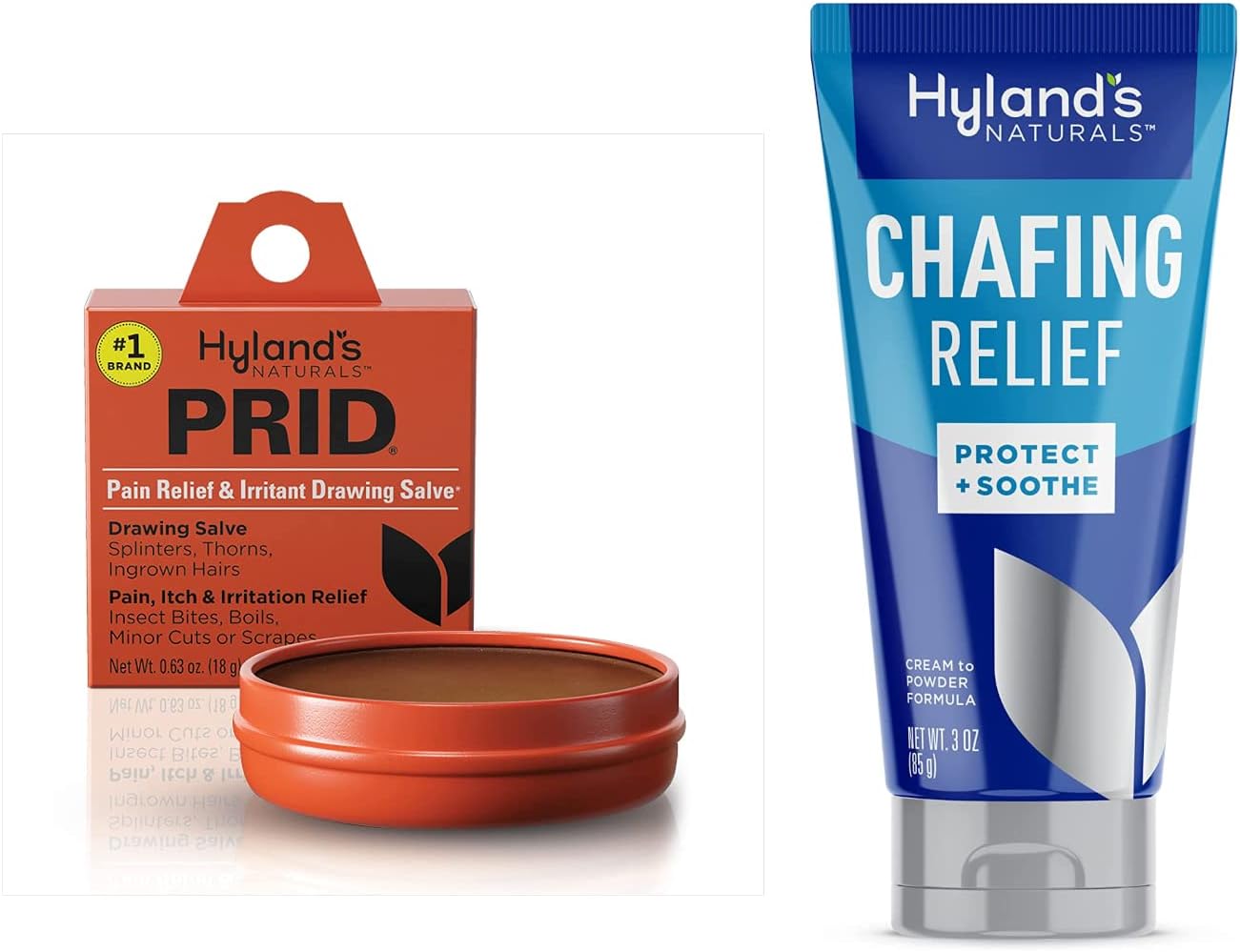 Bundle of Hyland's Naturals PRID Drawing Salve, Relief of Topical Pain and Skin Irritations, 18 Grams + Hyland's Naturals Chafing Relief, Cream to Powder Formula, Anti Chafing Cream - 3 Ounce