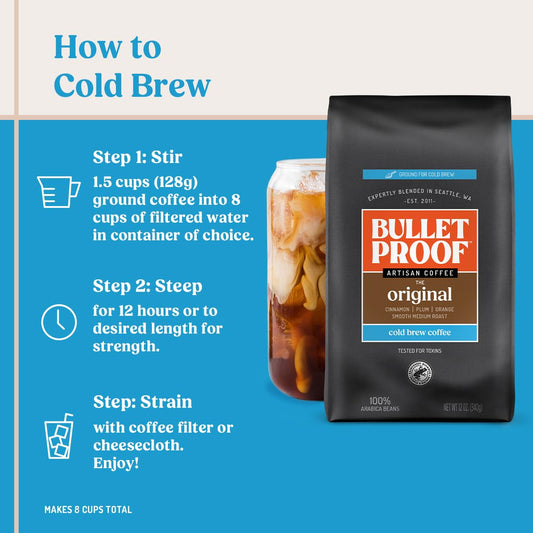Bulletproof Original Medium Roast Ground Cold Brew Coffee, 12 Ounces, Clean And Tested For Toxins, Smooth Artisan Coffee Ground For Cold Brew Iced Coffee