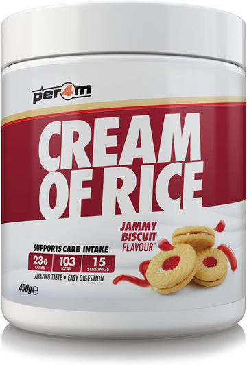 Per4M Cream Of Rice | 15 Servings | High Carbohydrate Cream Of Rice | Breakfast Replacement | Low Sugar Gym Supplements 450G New Improved Formula (Jammy Biscuit, 450G)