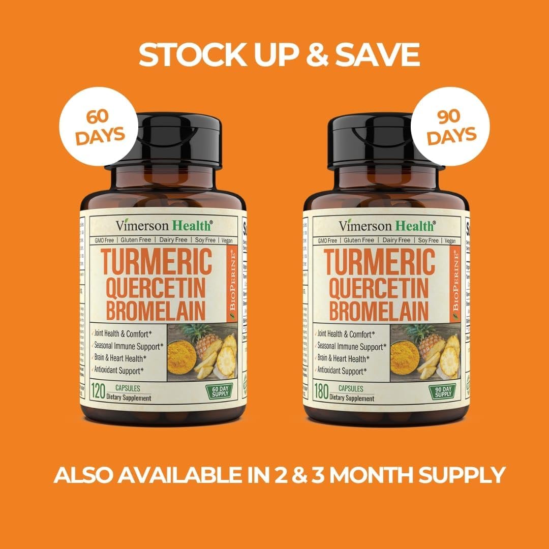 Quercetin with Bromelain & Turmeric Curcumin - Bromelain Supplement with Black Pepper. Immune Support & Joint Support Supplement - BioPerine, Bromaline & 700mg Organic Tumeric. Non-GMO. Vegan. 60 Caps : Health & Household