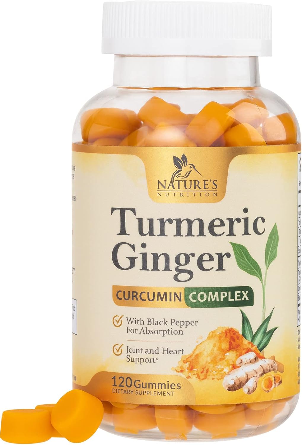 Turmeric Curcumin & Ginger Gummies 95% Curcuminoids with Black Pepper Extract for Max Absorption Joint Support, Nature's Tumeric Herbal Extract Supplement, Vegan Gummy Capsules, Non-GMO - 120 Gummies