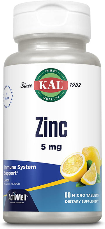 Kal Zinc 5Mg Activmelt, Immune Support Supplement With Zinc Oxide, Supports Protein Synthesis, Metabolism, Cell Growth, Immune Health, Vegetarian, Natural Lemon Flavor, 60-Day Guarantee, 60 Micro Tabs