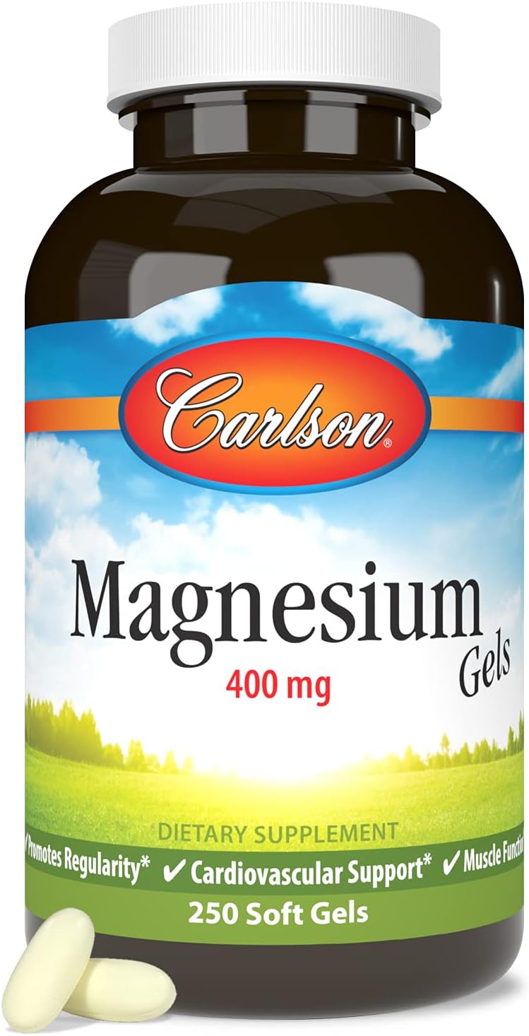Carlson - Magnesium Gels, 400 mg of Magnesium per Softgel, Heart & Muscle Support, Magnesium Gel Caps, Bowel Function, Magnesium Supplement, 250 Softgels