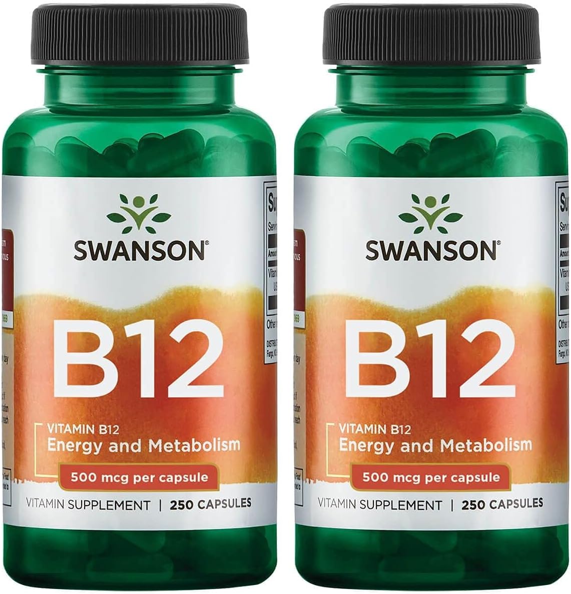 Swanson Vitamin B12 (Cyanocobalamin) - 500Mcg Each, 250 Capsules - Energy, Nervous System, And Overall Wellness Support (2 Pack)