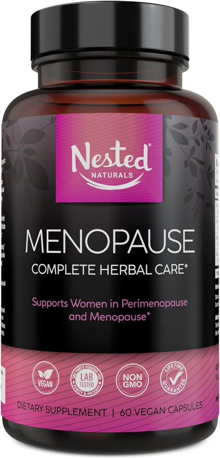 Nested Naturals Menopause Complete Herbal Care Supplement for Menopause Relief | Black Cohosh for Menopause Relief w/Dong Quai Root | Hot Flash Relief & Hormone Support for Women | 60 Vegan Capsules