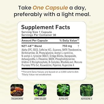 NZT-48 Premium Brain Booster - Nootropic - Brain Supplement for Memory + Focus + Natural Energy - Caffeinated, Phosphatidylserine, Vitamins B6 B12-30ct Capsules : Health & Household