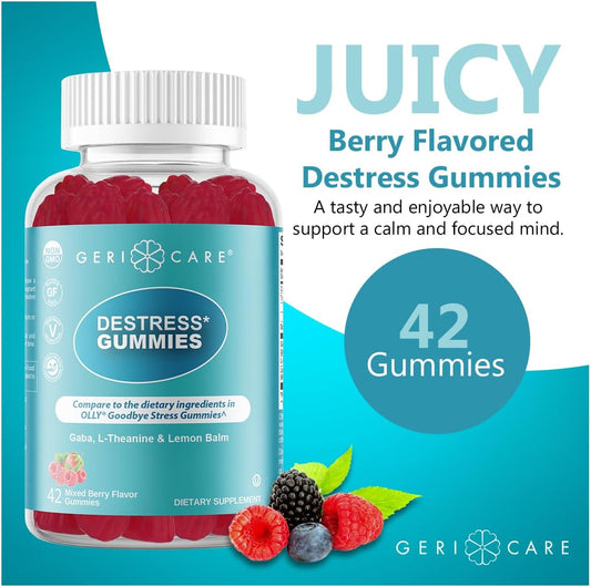 Gericare Destress Gummies With Gaba, L-Theanine & Lemon Balm – Mixed Berry Flavor – 42 Count – Supports Relaxation & Mental Clarity – Non-Gmo, Gluten-Free, Vegan
