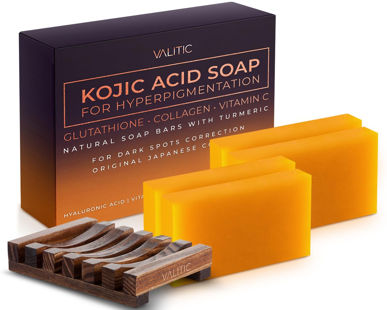 Valitic Kojic Acid Soap For Hyperpigmentation - With Glutathione, Collagen & Vitamin C - Natural Soap Bars With Turmeric - Original Japanese Complex For Dark Spot Correction - 4 Pack + Holder