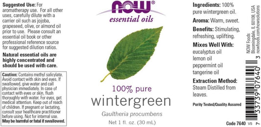 Now Foods Essential Oils, Wintergreen Oil, Stimulating Aromatherapy Scent, Steam Distilled, 100% Pure, Vegan, Child Resistant Cap, 1-Ounce