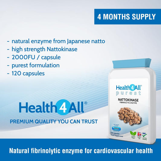 Health4All Nattokinase 2000Fu Per Capsule, 120 Capsules 4 Month Supply, Purest Vegan Protein Enzyme From Japanese Natto, High Strength Cardiovascular Health Support Nattokinase Supplement | Made In Uk