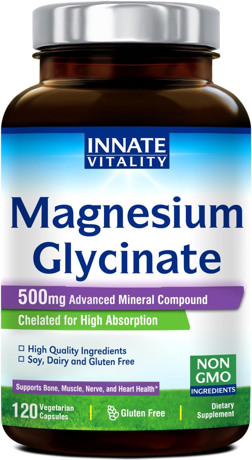 Innate Vitality Magnesium Glycinate 500Mg | 70Mg Elemental Magnesium Supplement- High Absorption, Non-Gmo & No Gluten - Supports Nerve, Muscle, Bone & Heart Health - 120 Vegan Capsules Magnesio