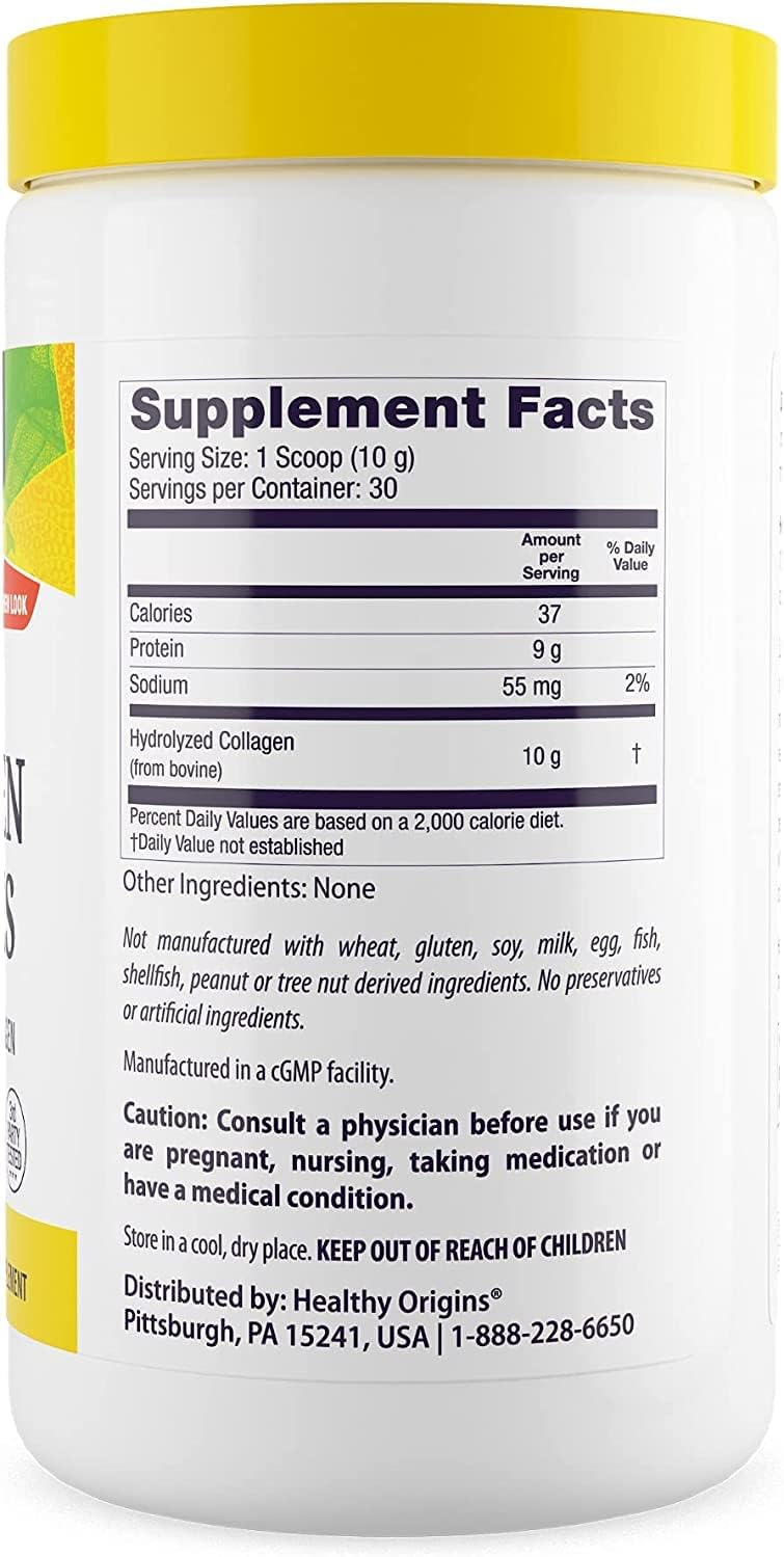 Healthy Origins Natural Collagen Peptides, 300 g - Aids Skin, Hair, Nails & Joints - Grass-Fed Collagen Peptides Powder - Hydrolyzed Collagen - Gluten-Free & Non-GMO Supplement - 10.