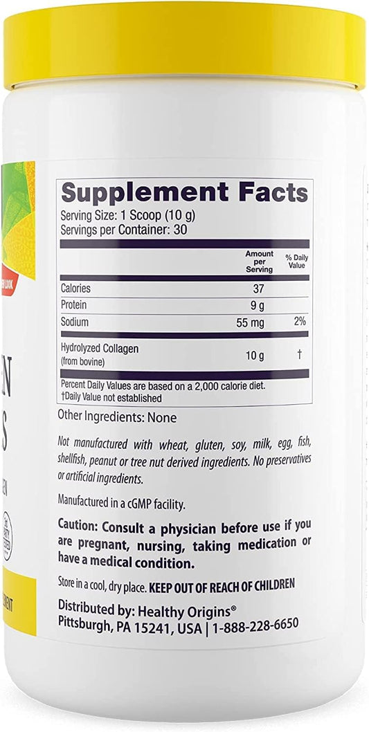 Healthy Origins Natural Collagen Peptides, 300 g - Aids Skin, Hair, Nails & Joints - Grass-Fed Collagen Peptides Powder - Hydrolyzed Collagen - Gluten-Free & Non-GMO Supplement - 10.