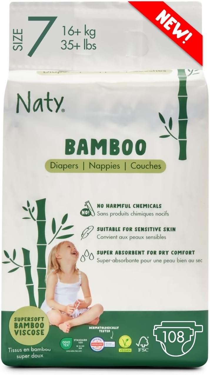Naty Bamboo Viscose Baby Diapers – Silky Soft, Plant Based, Dermatologically Tested For Sensitive Skin & Super Absorbent (Size 7, 108 Count)