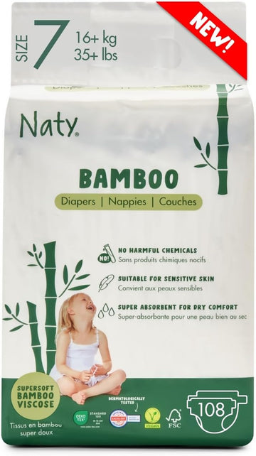 Naty Bamboo Viscose Baby Diapers – Silky Soft, Plant Based, Dermatologically Tested For Sensitive Skin & Super Absorbent (Size 7, 108 Count)