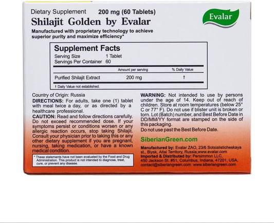 Shilajit Golden By Evalar Siberian Altai 60 Tabs