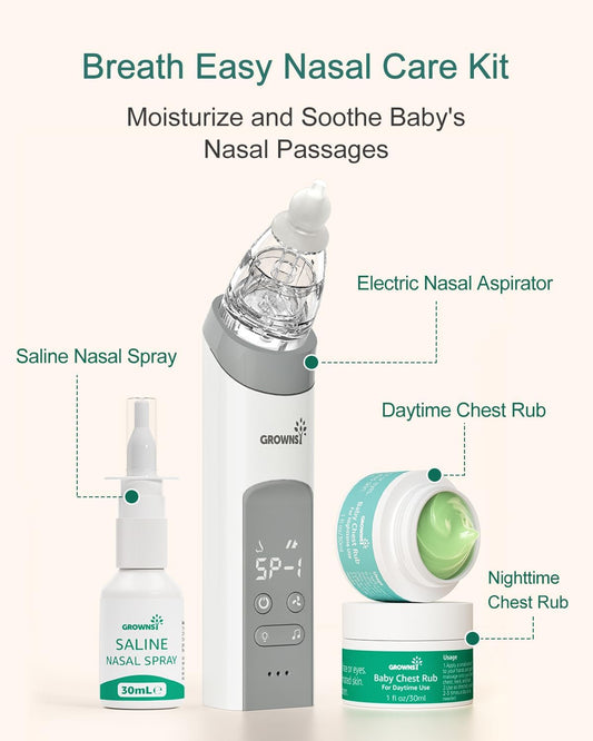 GROWNSY Breathe Easy Kit with Baby Saline Nasal Spray, Electric Nasal Aspirator, 2PCS Natural Day & Night Chest Rubs, Instantly Relieve Nasal Congestion and Helps Baby Sleep Better