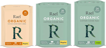 Rael Organic Cotton Cover Panty Liners (Regular, 44 Count) & Regular Pads (28 Count) & Large Pads (24 Count) Bundle