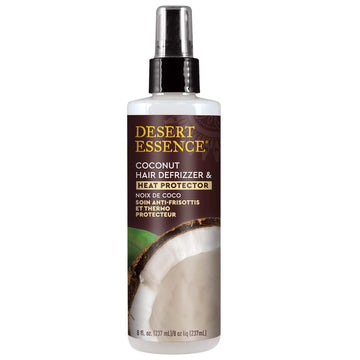 Desert Essence Coconut Hair Defrizzer & Heat Protector 8 Fl Oz - Gluten Free, Vegan, Cruelty Free - Coconut Oil & Jojoba Seed Extract - Protects Hair From Heat & Styling Damage