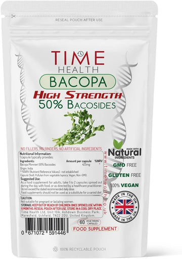 Bacopa Monnieri High Strength 50% bacosides - Zero Additives - Pullulan (60 Capsule Pouch) : Amazon.co.uk: Health & Personal Care