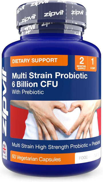 Zipvit Probiotic 6 Billion Cfu With Prebiotic, Multi Strain Probiotics For Gut Health, 5 Strains Including Lactobacillus Acidophilus, 60 Vegetarian Capsules For Women & Men, 2 Month Supply