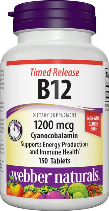 Webber Naturals Vitamin B12 1,200 mcg, 150 Tablets, Supports Energy Production and Metabolism, Gluten Free, Non-GMO, Vegan