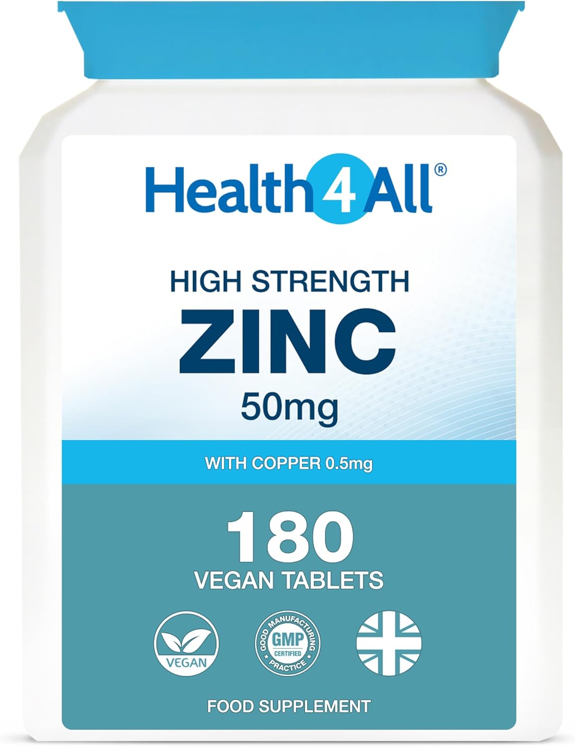 Health4All Zinc 50Mg 180 Tablets 6 Months Supply, With Copper, High Strength Zinc Supplements For Immune Support, Skin, Hair & Nail, Vegan Immunity Supplements For Men & Women | Made In Uk